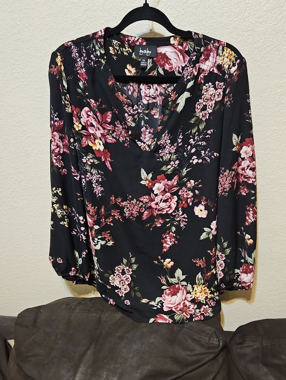 by & by Black Floral V-Neck Blouse with Pink and Yellow Blooms
